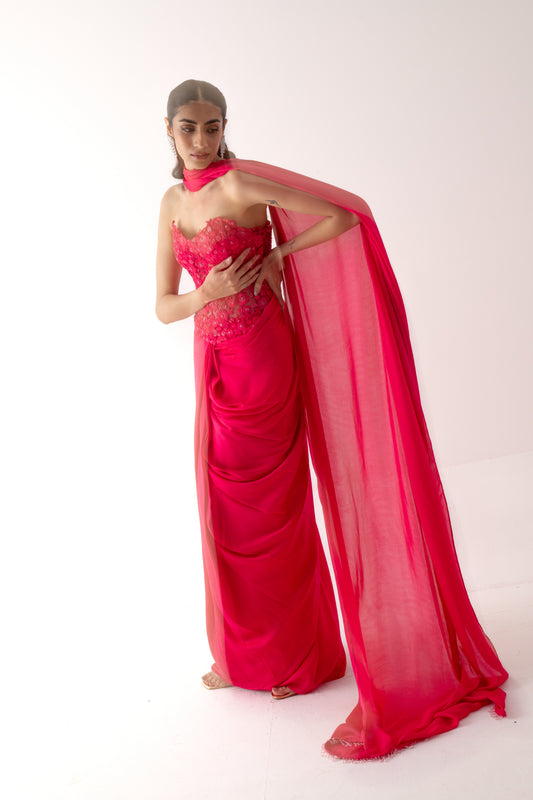 Fuchsia corset saree
